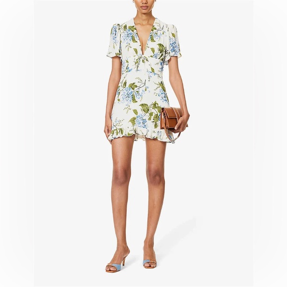 NEW Reformation Mya Mini Flower Dress Riviera Cream Blue in Size 10 - Picture 14 of 14
